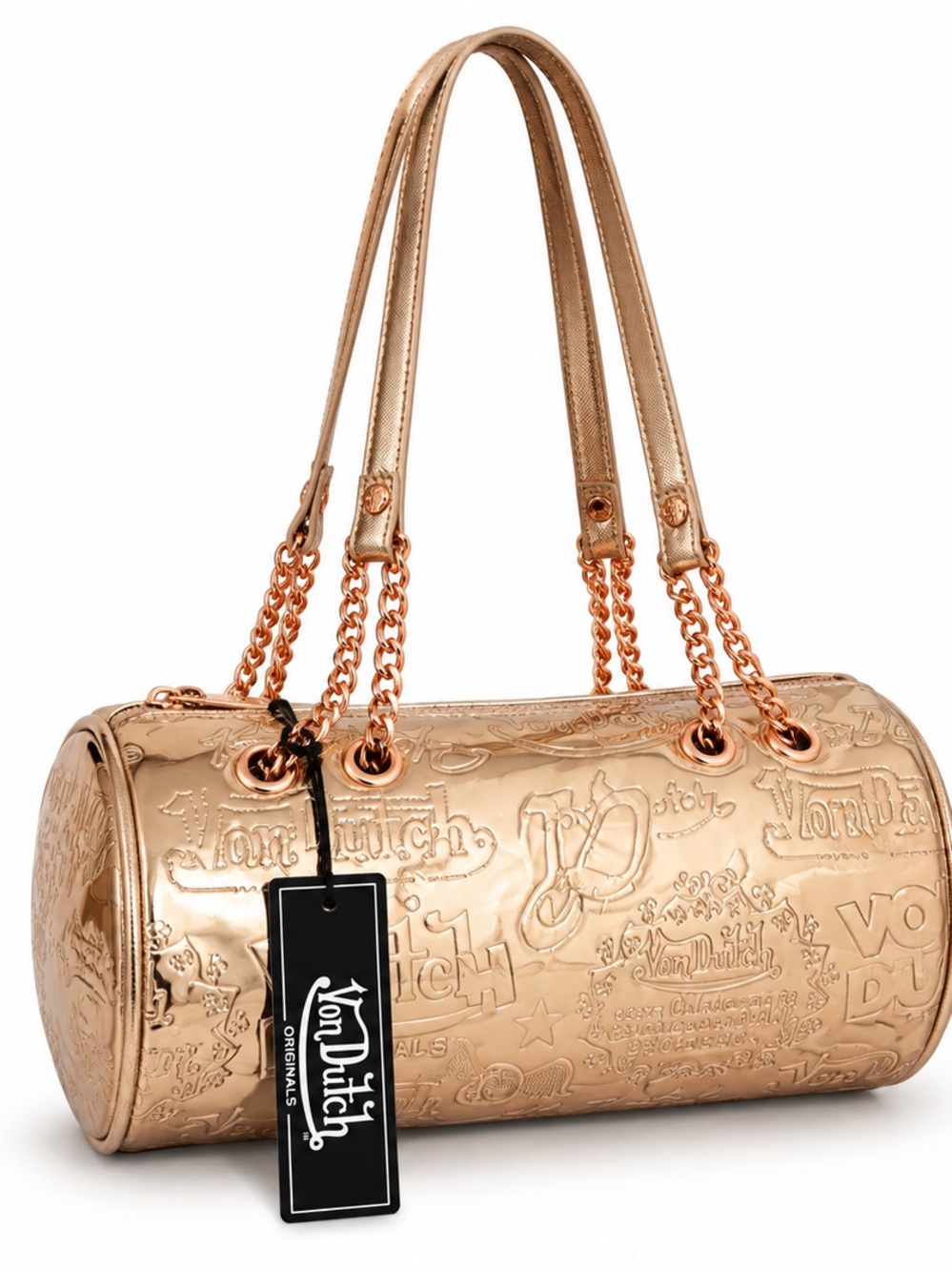 Von Dutch Rose Gold Embossed Barrel Shoulder Bag
